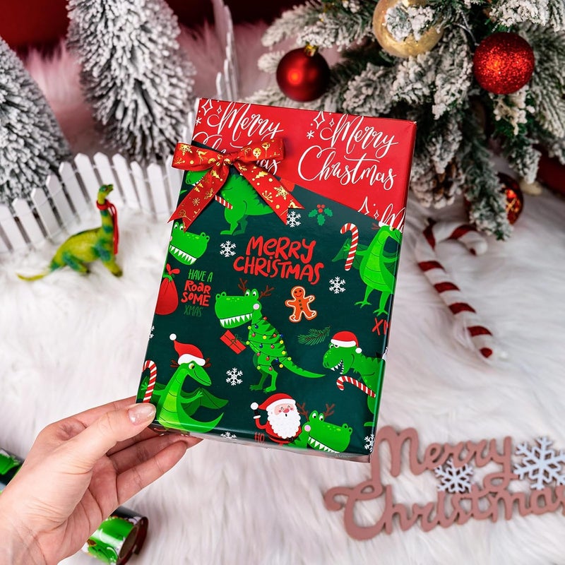 Yarcony Dinosaur Christmas Wrapping Paper, Green Wrapping Paper Roll, Reversible Happy Dinosaur and Santa Claus Dino Christmas Gift Wrap for Kids Boys Men Holiday Present Packaging (17 Inch X 33 Feet) - Image 4
